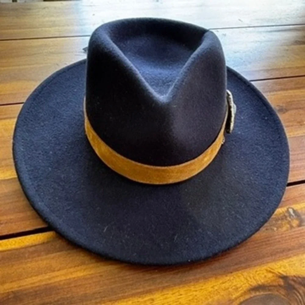 Wyeth Navy Wool Rancher Fedora Hat Concho Leopard Band‎ Boho Western